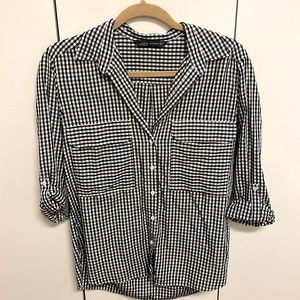 Zara Navy Gingham Print Button Down Shirt